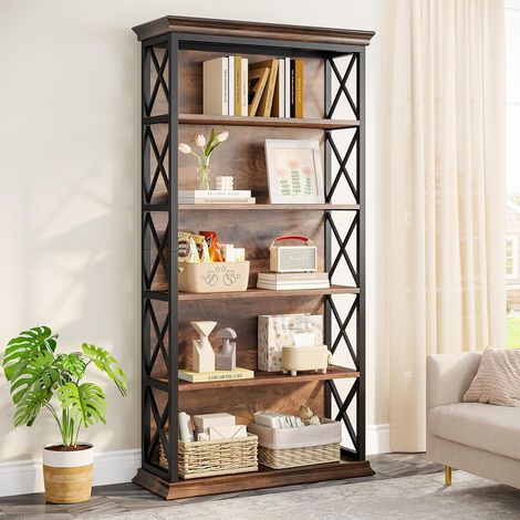 Tribesigns Libreria, scaffale in piedi alto 180 cm, libreria in legno a 6 livelli, scaffale a giorno con struttura in metallo per soggiorno, ufficio, design industriale, marrone vintage (1/5)