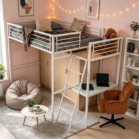 Lit Mezzanine 2 Places avec Fauteuil Réglable et Bureau en Verre Trempé, Gain de Place pour Chambre Étudiant Adolescent Adulte, Cadre Métallique, Blanc + Rouge (1/5)