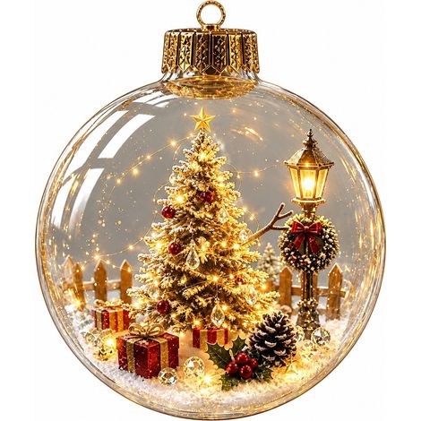 Boule de Noël en cristal, décoration miniature de Noël avec bonhomme de neige, église et paysage urbain, boule transparente à suspendre, cadeau pour sapin de Noël, avec lumières (1/3)
