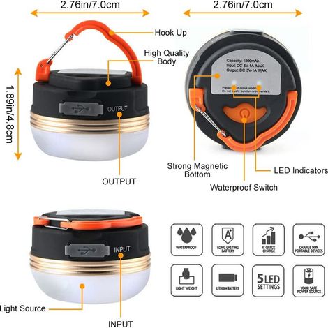 Wiederaufladbare USB-LED-Campinglampen, Zeltlampe mit Magnetfuß, tragbare SOS-Leuchte für Outdoor-Zelte, 4 Modi mit Haken, IP43 wasserdicht für Wandern, Angeln, Notfälle (2 Stück) (1/4)