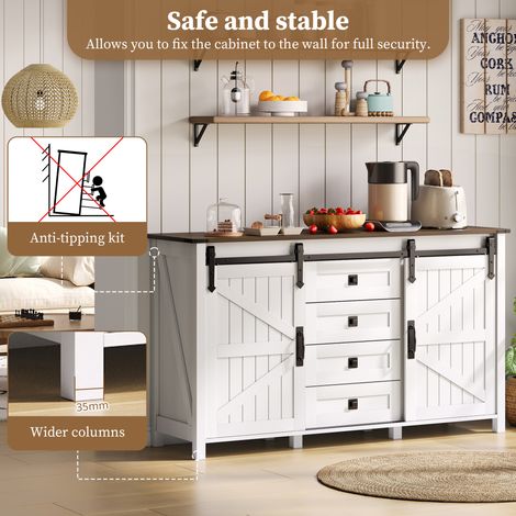 Buffet avec rangement, meuble de rangement latéral de 137 cm avec portes coulissantes et 4 tiroirs, buffet vintage de style bar à café, adapté à la cuisine, à la salle à manger et au salon, blanc. (1/5)