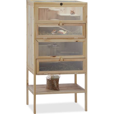 Relaxdays – Cage pour hamster XXL en bois 120x60x40 cm – 3 étages avec rampes – Fenêtres en verre acrylique – Volets pour nettoyage facile