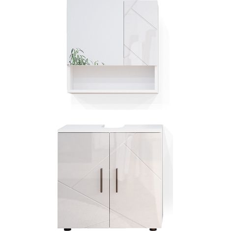 Ensemble de meubles de salle de bain Irma, Blanc Haute brillance, 2 pièces, armoire basse 60 cm, Vicco