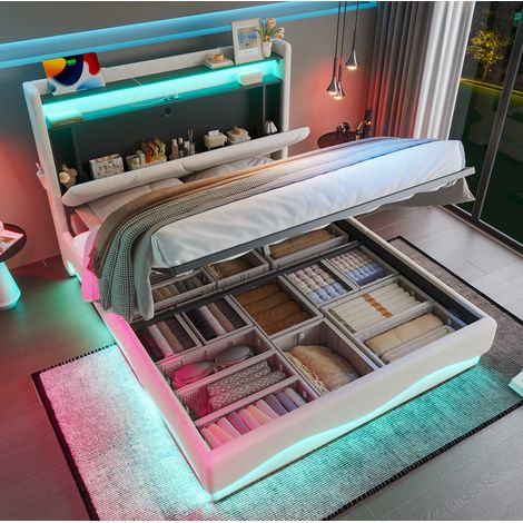 Lit coffre 160x200 cm avec LED, ports USB et Type-C, en velours, beige, sans matelas (1/5)