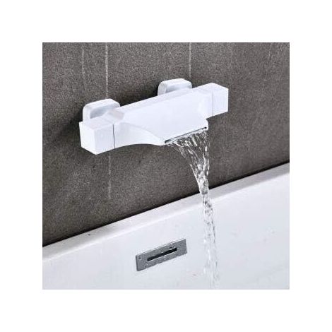 Grifo de bañera con cascada de pared, mezclador con ducha de mano, grifo de pared con ducha de cascada, agua caliente y fría (blanco) (1/4)