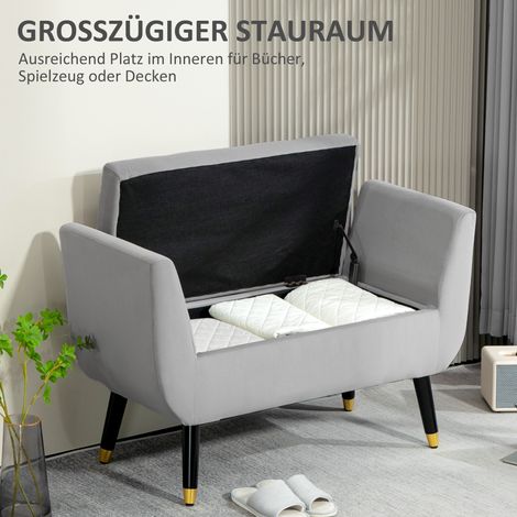 Coffre-banc de rangement avec accoudoirs, banquette en velours polyester et bois d'hévéa, gris clair, dimensions 107 x 42 x 65 cm