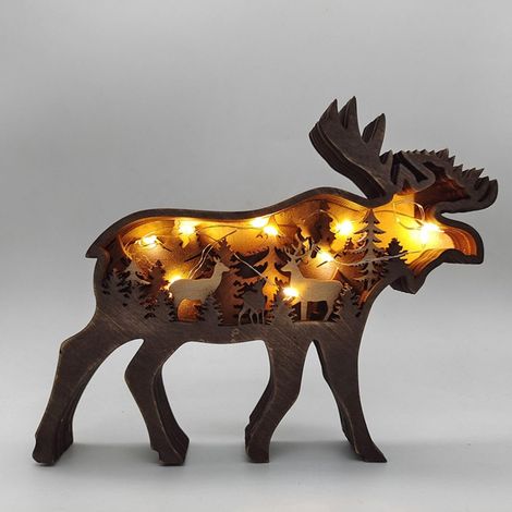 Lampe 3D en Bois Sculpté Animaux Déco Maison, Famille Ours Éléphant Cadeau Idées Noël Salon Bureau Lumière LED Chaude Veilleuse pour Ami Fille Fils Maman Papa (Élan) (1/5)