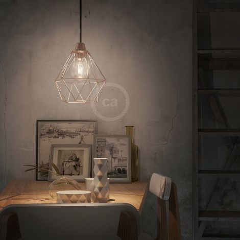 creative cables - Lampada a sospensione Made in Italy completa di cavo tessile, paralume gabbia Diamond e finiture in metallo