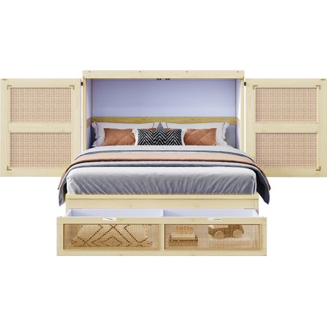 CHICFURN Lit escamotable 140x200 cm vertical avec sommier à lattes, tiroirs de rangement et portes 270°, armoire lit gain de place en bois clair pour chambre (1/5)