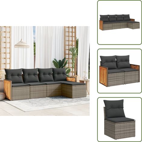 5-tlg. Garten-Sofagarnitur mit Kissen Grau Poly Rattan - Gartengestelle - Gartenmöbelset - Lounge Set - Rattan Möbel - Gartenlounge (1/5)
