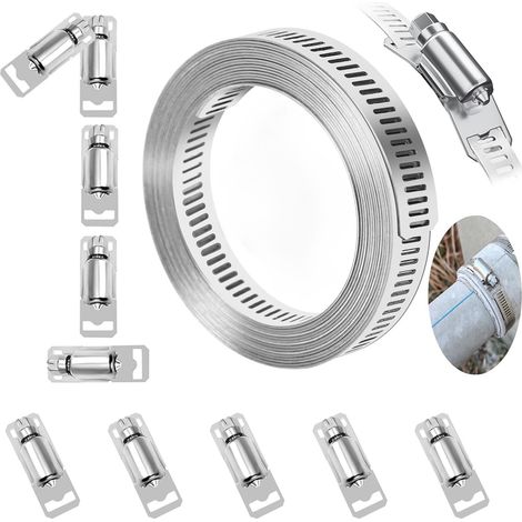 Colliers de serrage pour tuyaux, sangles + 10 fixations, colliers de serrage à bande en acier inoxydable 304 à découper soi-même, assortiment de grands colliers de serrage à vis sans fin réglables (1/5)