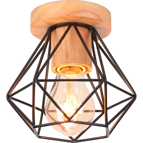 Lampada da Soffitto Interno Industriale Lampadario con Portalampada E27 in Ceramica Gabbia Diamante in Metallo e Legno Nero