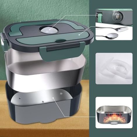 Gamelle Chauffante 12V 24V 220V 3 en 1 Lunch Box Chauffante Electrique, 40W 1.5L Boite Chauffante Repas Acier Inoxydable avec C A9 (1/4)