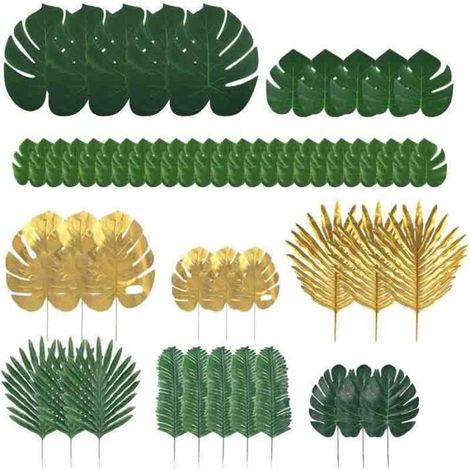 Lot 60 Feuilles de Palmier artificielles et Plantes Tropicales de 9 Types différents, utilisées pour Les thèmes de la Jungle (1/3)