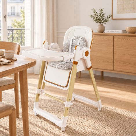Chaise haute bébé 2 en 1 avec fonction transat, harnais 5 points, hauteur et dossier réglables, plateau amovible, roulettes freinées, pliable, blanc (1/5)