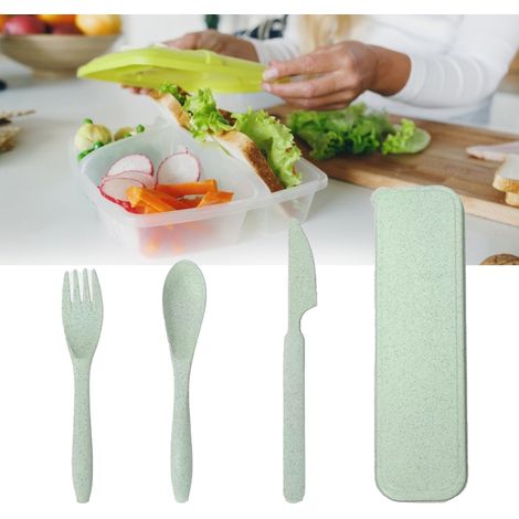 Ensemble de couverts en paille de blé, moderne et portable, avec boîte, idéal pour le bureau, l'école et les pique-niques (vert). (1/5)