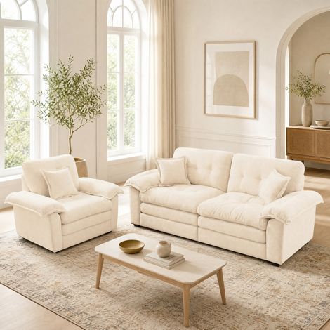Sofá de 2 piezas de chenilla, 1 plaza + loveseat, asiento profundo, beige HAVRYA (1/5)