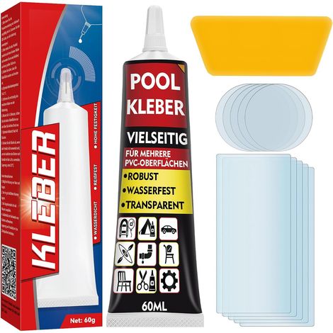 Kit Réparation Piscine avec Colle PVC Transparente 60 ML à Séchage Rapide, 10 Rustines et Spatule, Colle Imperméable pour Liner, Piscine Hors Sol, Spa et Gonflables (1/5)