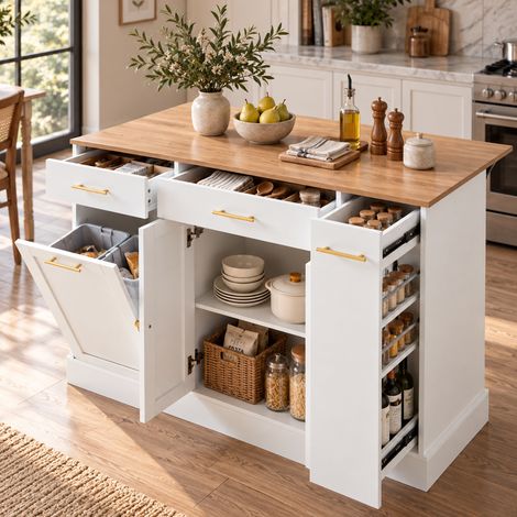 Isla de cocina 120x70x91,5 cm de aglomerado blanco con encimera abatible - MEUBLIV (1/5)