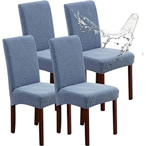 Set of 4 waterproof jacquard chair covers, stretchable, removable and washable, for dining room, kitchen, hotel and restaurant chairs (light blue leaves)