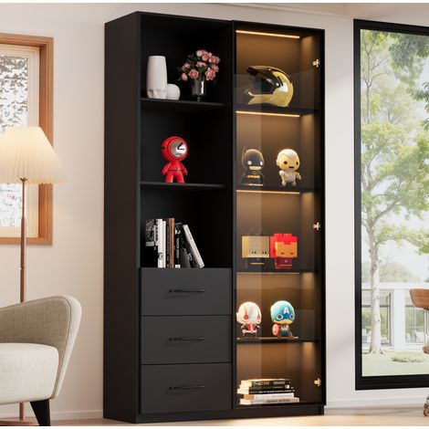Vitrina/librería LED de 80x40x160 cm con 3 cajones, 3 estantes y puerta de cristal templado - negra (1/5)