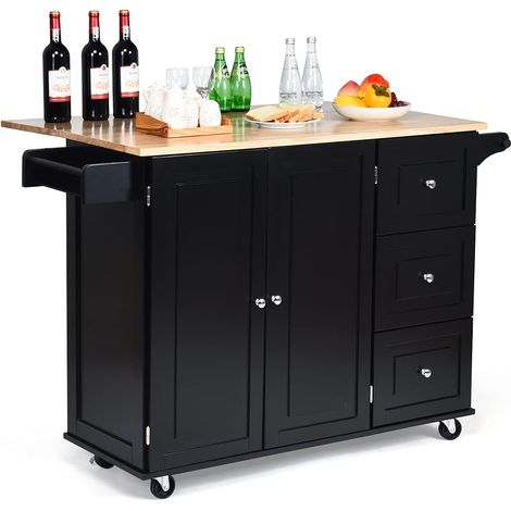 COSTWAY Küchenwagen rollbar, Kücheninsel mit Handtuchhalter, Küchenschrank aus Holz, Servierwagen Kücheninselwagen, Mikrowellenwagen Sideboard 135x76x91cm Schwarz