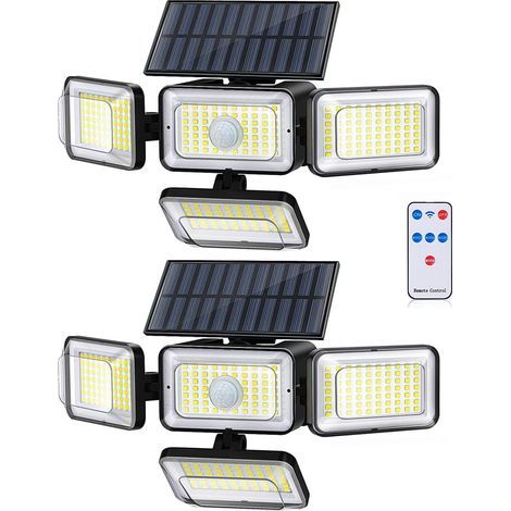 Projecteurs solaires d'extérieur, 288 LED, 2800 lm, détecteur de mouvement, télécommande, 4 têtes, étanche IP65, pour terrasse ou mur extérieur - Lot de 2 (1/5)