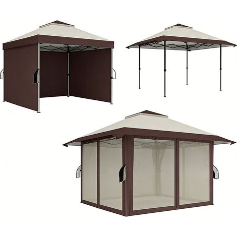 3er-Set pavillon 4x4m Wasserdicht Höhenverstellbar Pop-up Faltpavillon mit Netzwänden UV 50+ Faltbar Partyzelt Gartenzelt mit Tragetasche Sandsäcke Gartenpavillon für Camping Garten Festival, Beige