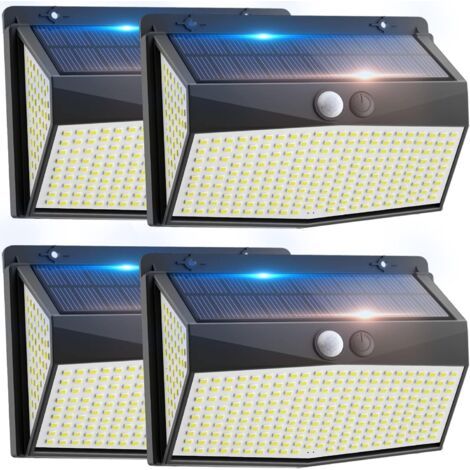 Lot de 4 projecteurs solaires d'extérieur à 318 LED avec détecteur de mouvement, 600 lm, 6 500 K, étanches IP67, 3 modes d'éclairage, grand angle de 270 °, éclairage mural de sécurité (1/5)