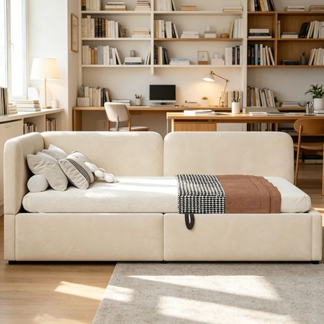 Lit coffre 90x200 cm en velours beige, avec rangement pour chambre, sans matelas FloraGrace (1/5)