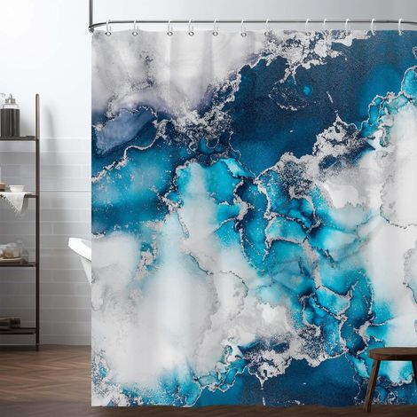 Rideau de Douche en marbre 180x150cm Bleu foncé Gris Rideau de Salle de Bain en marbre de Luxe Art Moderne esthétique Rideau décoratif de Salle de Bain avec Crochet résistant à l'eau (1/4)