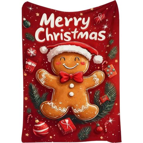 Plaid de Noël en sherpa - Couverture polaire chaude motif pain d'épice pour enfants et adultes, 150 x 100 cm, rouge, douce, idéale pour le canapé, la chambre, les voyages et comme cadeau de Noël (1/5)
