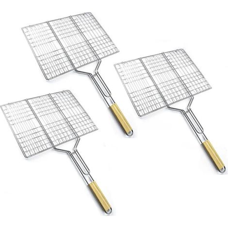 3 supports de grille avec poignées en bois Panier à griller pour poisson, légumes, steak, crevettes Grille métallique 38,5 x 28 cm Panier à légumes, panier à hamburgers, spatule à griller Panier à (1/5)