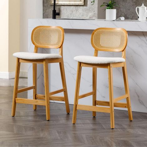 Barhocker 2er Set Holz mit Rattan-Rückenlehne und Teddystoff-Sitz, Beige (1/5)