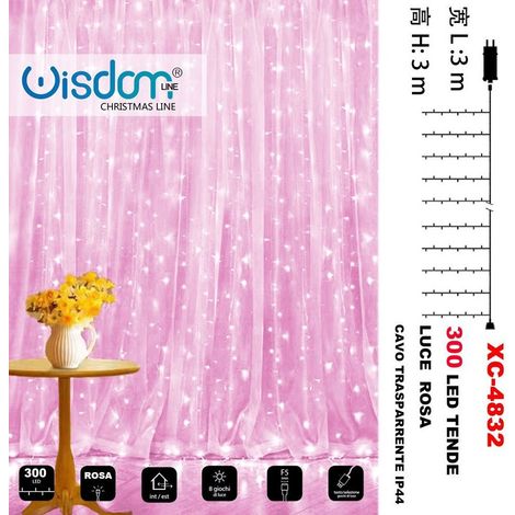 Wisdom - Tenda Luminosa Natalizia 300led Luce Rosa Cavo Trasparente 8 Giochi Luce Xc-4832 -