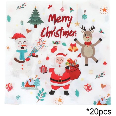 Serviettes De Noël - Serviettes En Papier 3 Plis Avec Motif Père Noël Et Cadeau - Pour Décoration De Table De Fête - 20 Pièces - 17 x 17 cm (1/5)