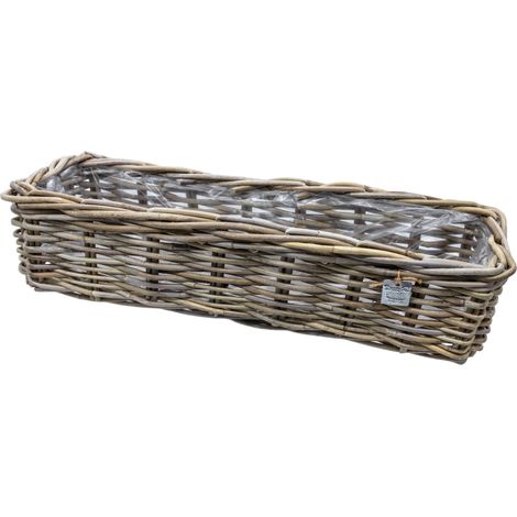 Rattan Pflanzkorb natur mit Folie für Innen und Außen - 58 x 18 cm - Fensterbank Blumenkasten rechteckig geflochten