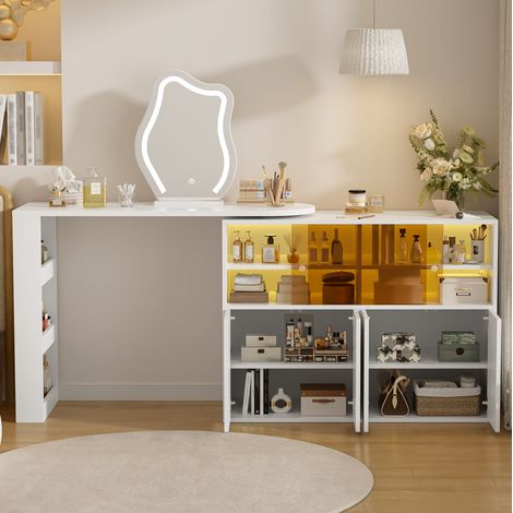 Drehbarer Schminktisch mit LED-Spiegel, Weiß, 177 x 40 x 131,5 cm (1/5)