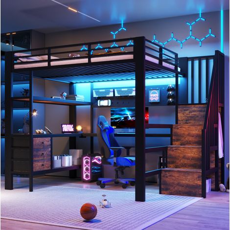 Cama alta 140x200 con escritorio y LED negro HAVRYA (1/5)