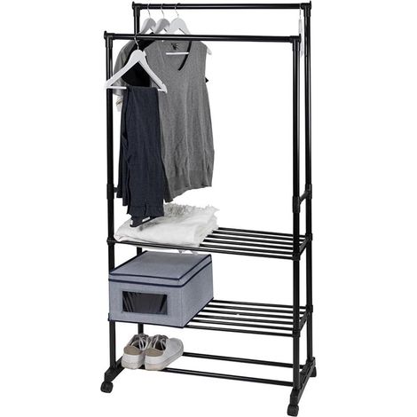 TrAdE Shop Traesio - Appendiabiti Multistand Armadio In Metallo Altezza Regolabile 2 Aste 4 Ruote 3 Ripiani - (1/5)