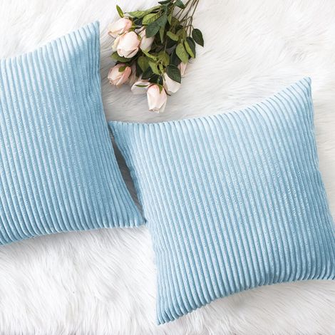 Dekorative Kissenbezüge, hellblaue, weiche Samt-Cordstreifen, zweiteiliges quadratisches Kissenbezug-Set, geeignet für Sofas, 45 x 45 cm, Türkis.