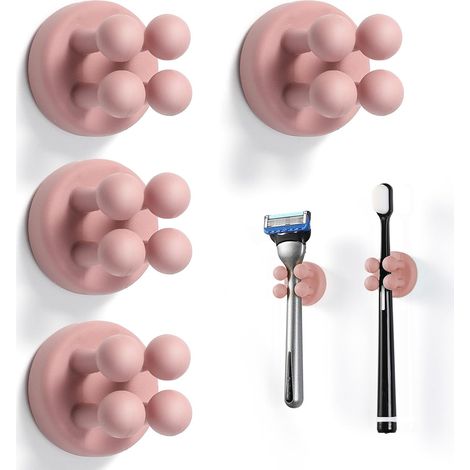 Porte-brosses à dents en silicone - Lot de 4 porte-brosses à dents pour salle de bain, crochet multifonctionnel étanche et auto-adhésif (blanc) rose (1/5)