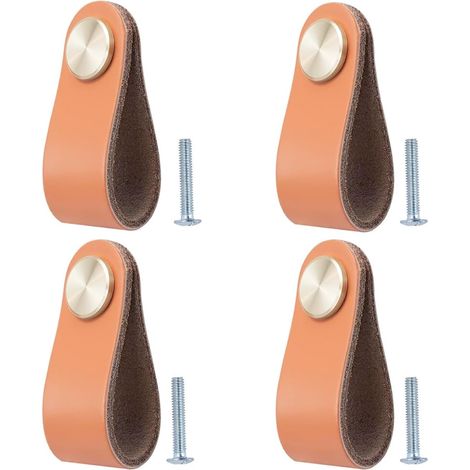 Lot de 4 poignées en cuir vintage pour meubles, portes et tiroirs. (1/5)
