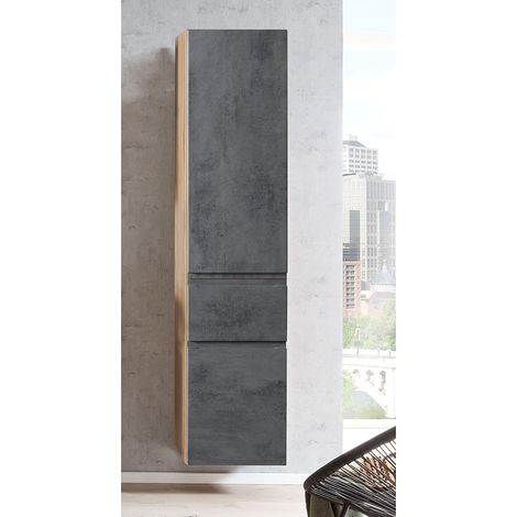 Badezimmer Hochschrank 40cm VASTO-03-CONCRETE in Wotan Eiche Nb. mit Beton Optik, B/H/T ca. 40/180/35 cm (1/5)