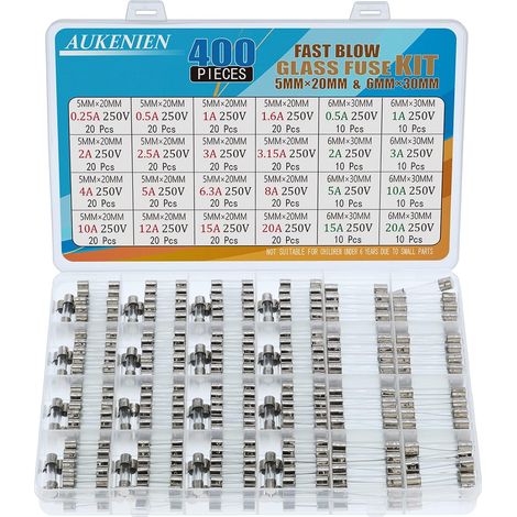 24 Values 400 Pieces Glass Fuses 5 x 20 mm 0.25 A 0.5 A 1.6 A 2 A 2.5 A 3 A 3.15 A 4 A 5 A 6.3 A 8 A 10 A 12 A 15 A 20 A 250 V 6.3 x 32 0.236 x 12 A .181 in 0.5A 1A 2A 3A 5A 10A 15A 20A 250V Fast Fusi (1/5)