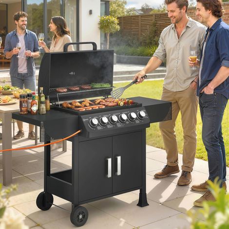 Barbacoa de Gas con 6 Quemadores 15 kW Termómetro Parrilla Mesas Laterales Armario y Ruedas 135x51x101 cm Negro