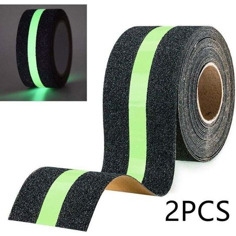Pack of 2 anti-slip adhesive tapes with a luminous, glow-in-the-dark film. Safety tape for stairs, ladders, and slippery floors. 10 m x 5 cm (1/4)