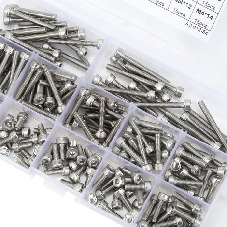 Vis à tête cylindrique creuse M3/M4/M5/M6/M8 en acier inoxydable 304, assortiment de 180 pièces, longueurs variées (1/4)