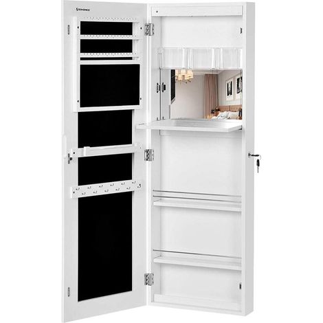 Armario para joyería con espejo de longitud completa, sin marco, para colgar en la pared, con cerradura, 120 cm y espejo blanco (1/4)