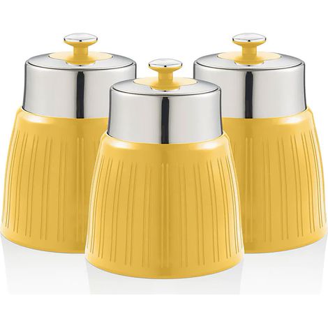 SWAN SWKA1024YELN Set 3 Botes Cocina Almacenaje 1,2 L, Plástico y Acero Inox, Especias, Té ,Café, Retro, Vintage Amarillo (1/3)